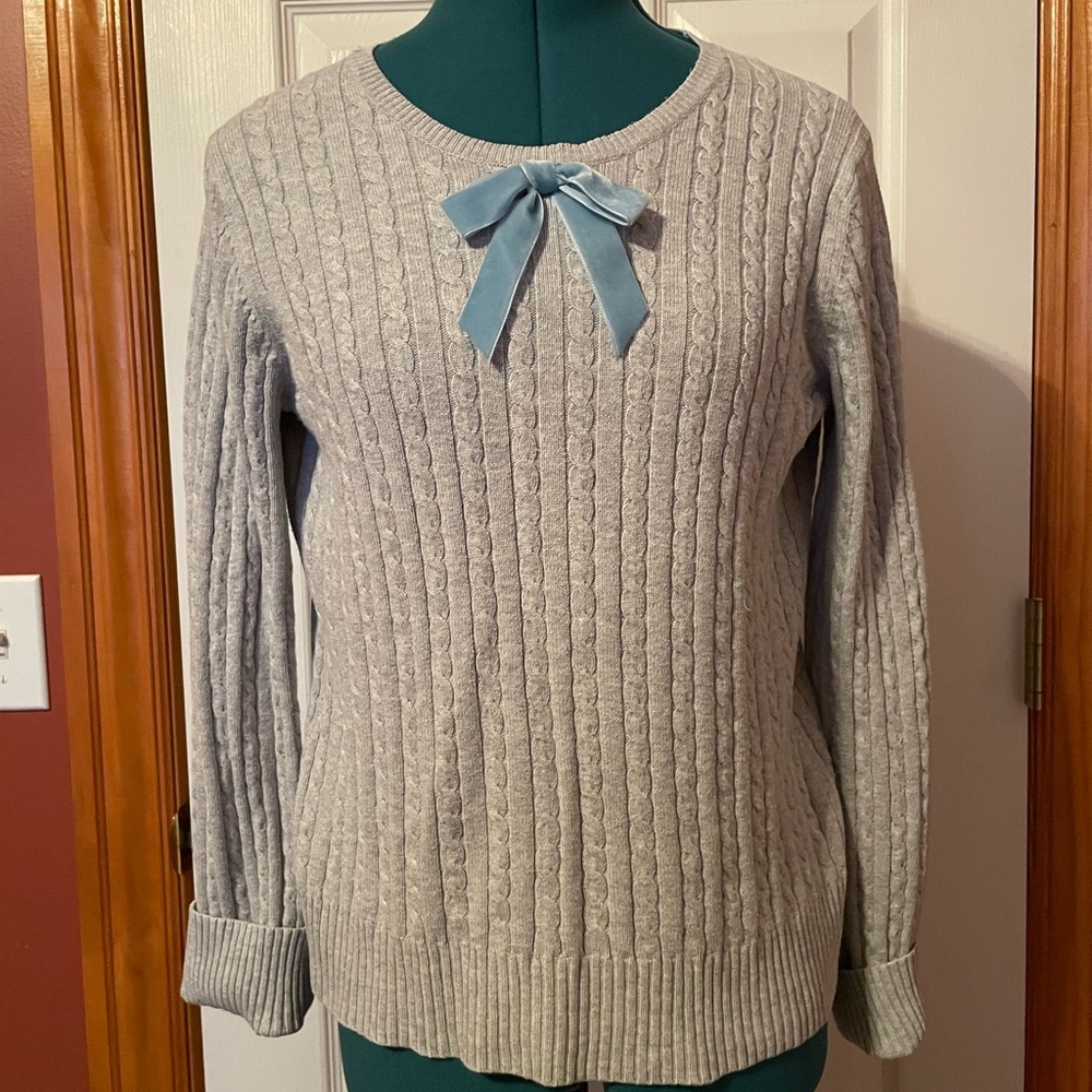 Gray Merona cable knit sweater with blue velvet bow